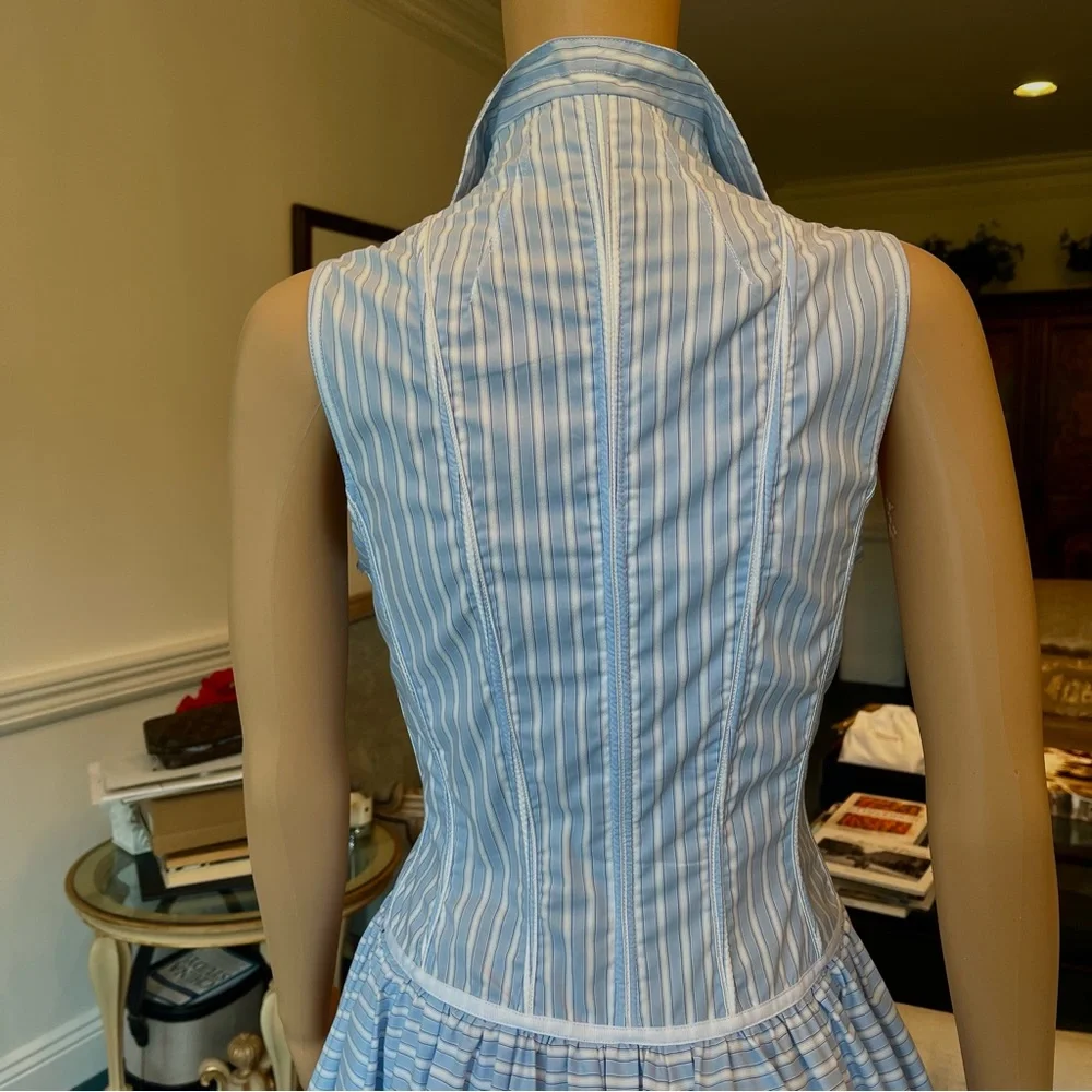 Byron Lars Beauty Mark Blue & White Striped Collared Sleeves Dress w/ Bow Detail - Picture 4 of 7